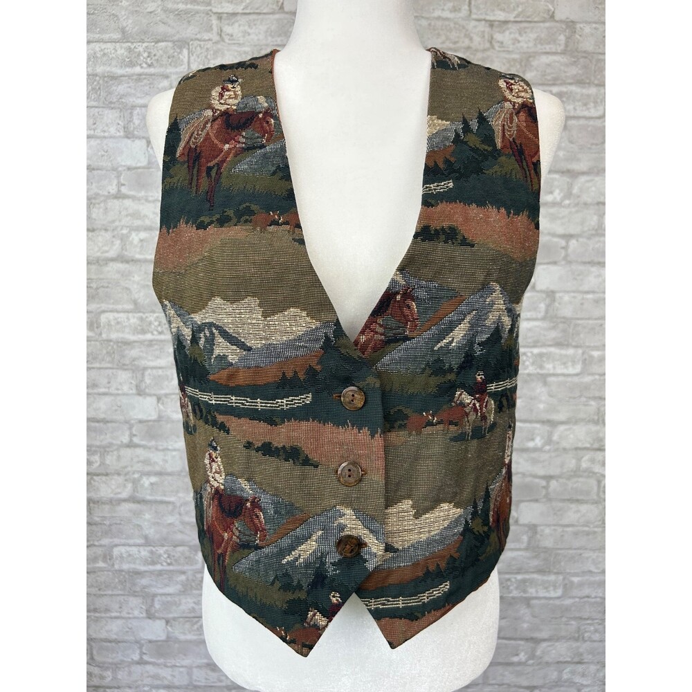 Vintage 90s Tapestry Vest Horses Cowboys Western Rancher Mountain Scene Size M